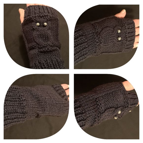 Navy Blue Owl Knit Fingerless Texting Gloves Mittens Arm Warmers Glovele… - Picture 2 of 8
